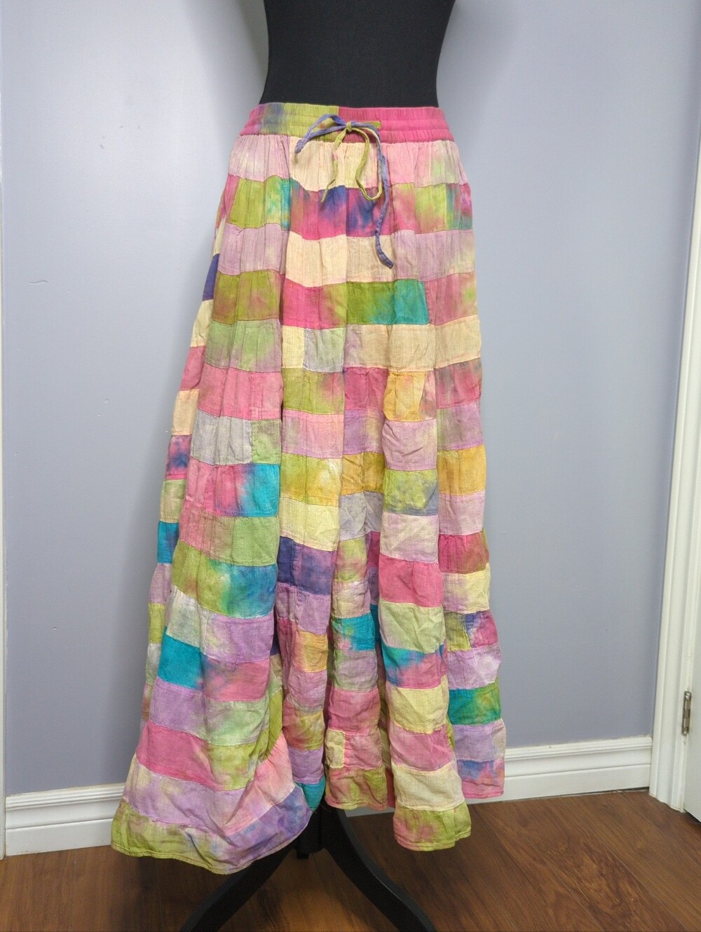 Vintage Phool Pastel Rainbow Tie Dye Patchwork Cotton Maxi Skirt Boho Sz M